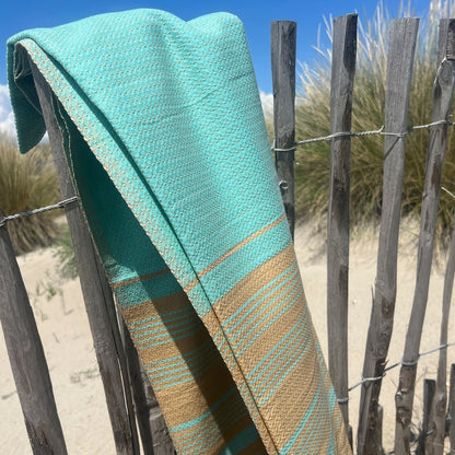 Fouta, serviette de plage en coton biologique sable et vert d'eau 100 x200 cm