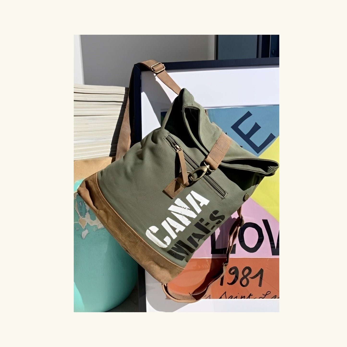 joli sac à dos en toile de coton kaki et cuir, pour homme ou femme, modèle unique 